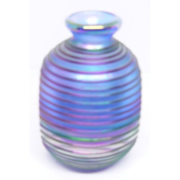 Handcrafted Iridescent Blue & Purple Threaded Glass Vase Czech Bohemian Vintage - Picture 5 of 5